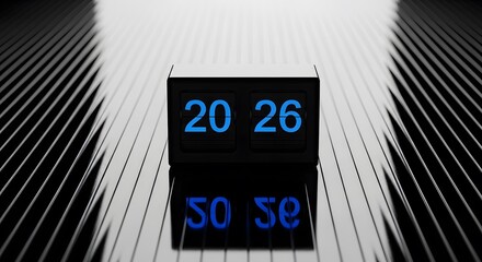 Digital clock displaying time 20 26 with reflection on a futuristic metallic surface