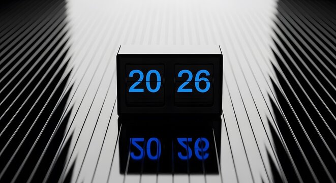 Digital clock displaying time 20 26 with reflection on a futuristic metallic surface