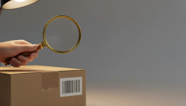 A person carefully inspects a barcode on a cardboard shipping box with a magnifying glass, representing quality control, product verification, and logistical tracking