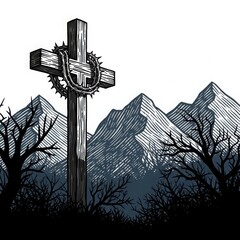 Rustic wooden cross with crown of thorns, mountains and bare trees.
