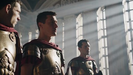 roman soldier stand in hall. legionary wear armor and uniform. warrior appear part of military army formation. sunlight streams through high windows and highlights faces. ancient interior evokes past. - Powered by Adobe