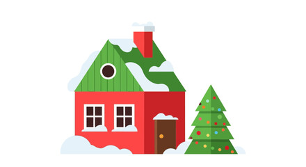 Charming winter holiday scene with snow-covered house and decorated Christmas tree, perfect for festive greetings and seasonal designs, originally a vector graphic