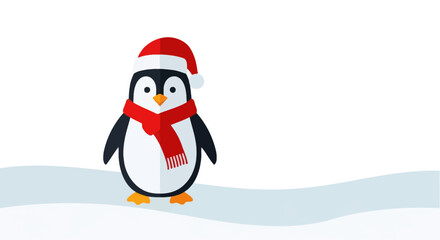 Festive penguin wearing a Santa hat and scarf, perfect for holiday promotions, greeting cards, and winter-themed designs, originally a scalable vector