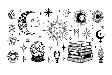 Modern hand drawn vector illustrations with magic symbols, crescent moon, sun, magic ball and books. Perfect for cards, embroidery, covers, prints
