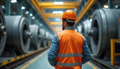 Man in hard hat, safety vest looks at large industrial machinery in factory. Worker checks production equipment inside large manufacturing plant. Team member monitors mechanical systems for safety