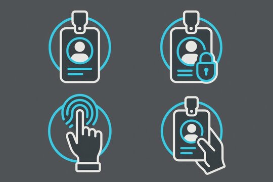 Illustrative icons representing identity verification through biometric access control and safety mechanisms showcasing seamless integration of personal security protocols