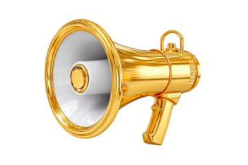 Realistic Shiny Golden Megaphone Loudspeaker Communication Propaganda Object on Transparent Background. Ai Generated Images