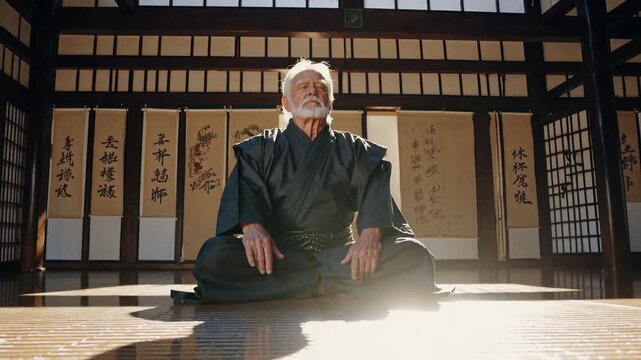 Sensei meditating in dojo interior. Elder in kimono practices meditation and training. Martial posture reflects zen focus and balance. Calm atmosphere suggests wellness and discipline. Sunlight glow.