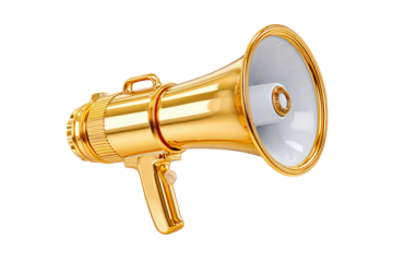Shiny Golden Metallic Megaphone Loudspeaker for Announcement and Promotion Rendered Illustration. Ai Generated Images