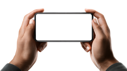 Hands holding a smartphone horizontally with a blank white screen on a black background image
