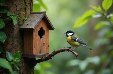 Great tit looks at wooden birdhouse in garden. Yellow songbird perches on branch next to nesting box. Small bird observes shelter in tree on warm day.