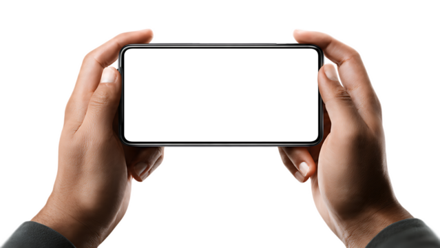 Hands holding a smartphone horizontally with a blank white screen on a black background image - Powered by Adobe