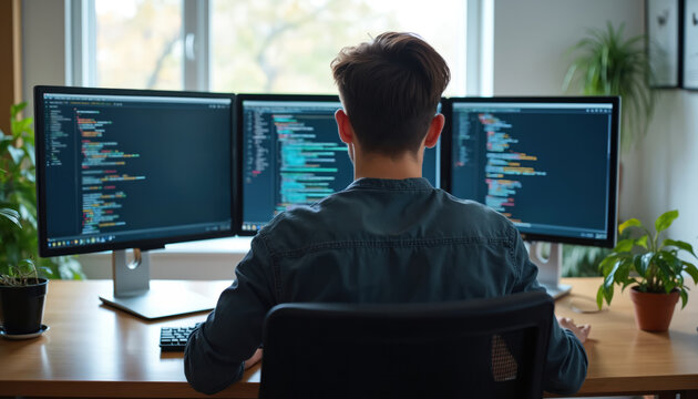 Man types code on multiple computer screens. Programmer works on website development project. He uses desktop setup for app coding and task management.