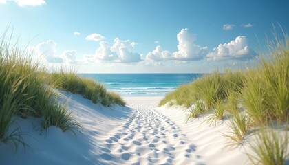 Footprints on white sand path lead through green grassy dunes. Guides to bright blue ocean under sunny sky with fluffy white clouds. Calm sea waves softly wash tranquil shore, perfect summer beach