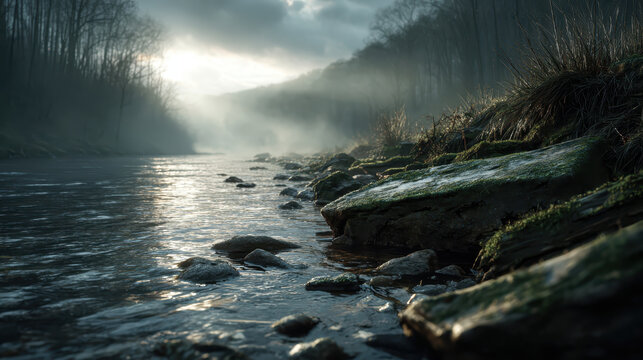 Misty riverbank with moss covered rocks and dry grass under cloudy sky, creating calm and mysterious atmosphere in natural landscape