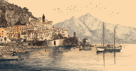 This exquisite vintage vector illustration portrays a picturesque Mediterranean coastal town, highlighting charming architecture, serene boats, and dramatic mountains.