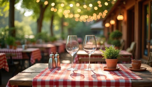 Empty outdoor restaurant tables await diners. Red checkered cloths top wood tables with wine glasses. String lights glow above trees and patio cafe setting.