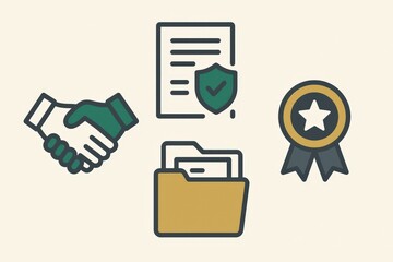 Corporate integrity symbolized through handshake agreement document protection achievement badge and organized folder representing trust professionalism and compliance standards