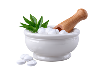 Close-up Studio Shot of Mortar and Pestle with Medicine Pill and Leaf. Ai Generated Images