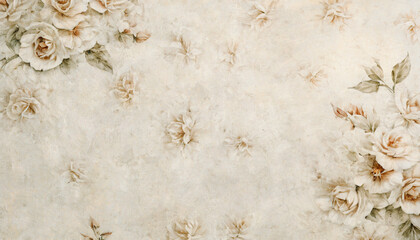 floral wallpaper featuring a design with large, soft-toned flowers and leaves. The wallpaper has a vintage or classic aesthetic with a textured, slightly distressed background.