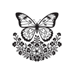 Monochrome Butterfly and Flower Wreath Vector Design