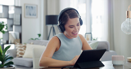 Headphones, woman and happy with tablet in home for streaming movie, online series or audiobook. Relax, person and smile with tech in apartment for watching video, social media and weekend break