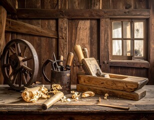 A rustic workbench in a woodworking shop, with a wooden wheel, tools, a window, and wood shavings scattered