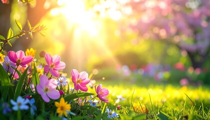 A vibrant garden scene, bathed in golden sunlight. Pink and yellow flowers bloom, with a bokeh background of blossoming trees