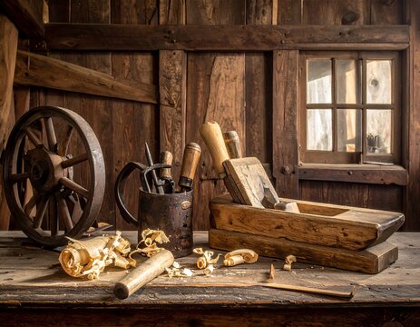 A rustic workbench in a woodworking shop, with a wooden wheel, tools, a window, and wood shavings scattered