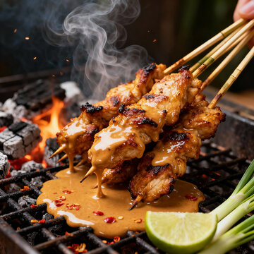 Realistic photo of Indonesian sate ayam with peanut sauce, grill smoke effect.