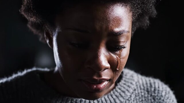 Closeup of a young African American woman crying with tears streaming down her face expressing deep sadness and emotional pain in a dimly lit setting.