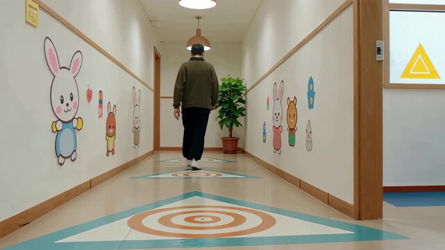 Person Walking Down Hallway with Wall Art