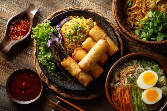 Enjoying a traditional Asian breakfast set with noodles, spring rolls, and colorful vegetables at a cozy dining spot in the morning