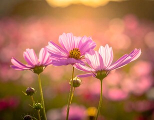 Obraz premium Close-up of delicate pink flowers with golden sunlight in the background