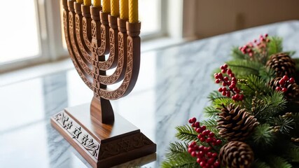 Elegant Menorah and Christmas Wreath Displayed on Marble Tabletop Representing Cultural Harmony and Holiday Season Fusion - Powered by Adobe