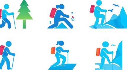 Solid vector icons depicting hiking companionship, emphasizing adventure and outdoor exploration, featuring a walking icon of a person with determination on their face and a backpack, a forest hike ic
