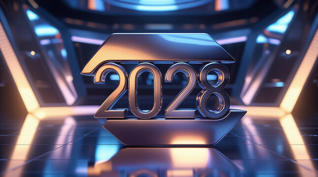 Metallic 2028 sign in a futuristic neon lit digital environment - Powered by Adobe
