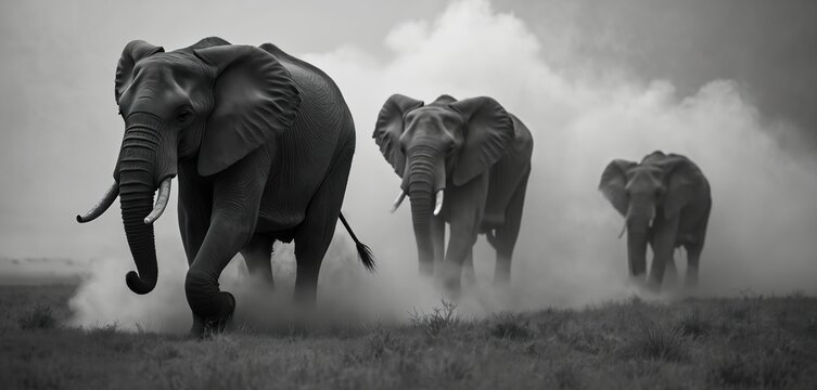 Illustration of an elephant family walking across the savanna. Dust cloud rises. Majestic mammals march forward in monochrome. African wildlife. Nature and animals.