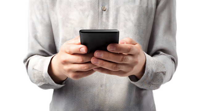 Close up of person in gray shirt holding a black smartphone with both hands in a neutral background