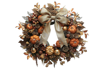 autumn wreath with ribbon bow and pinecones, elegant fall seasonal decorative wreath
