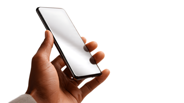 A hand holding a modern smartphone with a reflective screen against a dark background in a studio shot