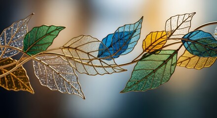Close up of colorful glass leaves on a golden branch decoration