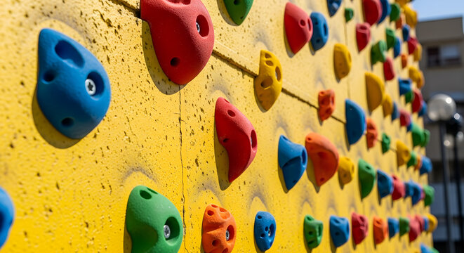 Rock climbing wall with colorful holds in outdoor urban setting   - Powered by Adobe