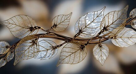 Close up of a golden branch with translucent decorative leaves