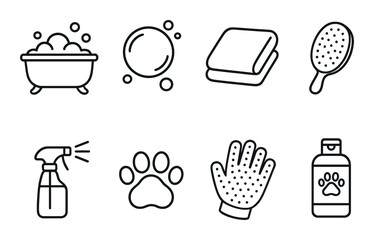Pet grooming essentials: bath, brush, towel, spray, paw, glove, shampoo