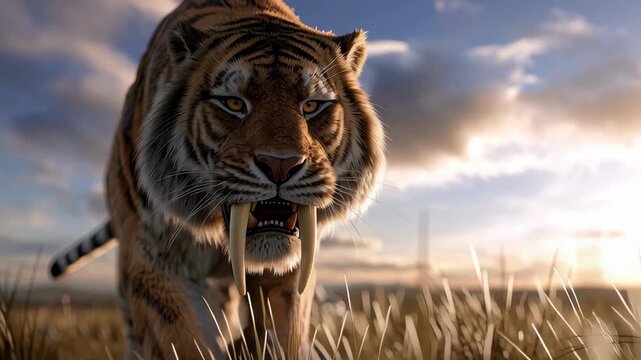 A saber-toothed tiger in natural habitat, fierce look with sharp teeth, and wild background