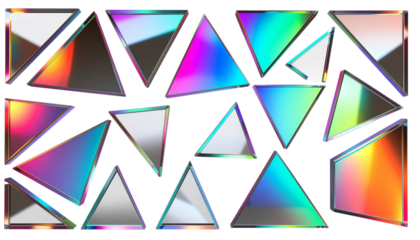 3D transparent triangle square composition, glasses geometric abstract pyramid crystal rectangle. Futuristic holographic plastic effect object, purple glossy different angle shape. Rainbow 3D square