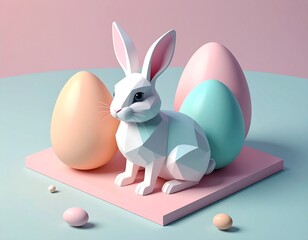 A stylish 3D geometric rabbit poses among pastel-colored Easter eggs in a modern environment.