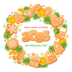 Merry Christmas and Happy New Year greeting with gingerbread cookies, arranged in circle on white background. Homemade cute sweets in form of festive symbols and numbers 2026. Vector illustration