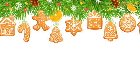 Christmas garland. Cute festive decorations with gingerbread cookies and spruce twigs. Various shaped icing gingerbreads, hanging on garland. New Year border and decor. Vector illustration